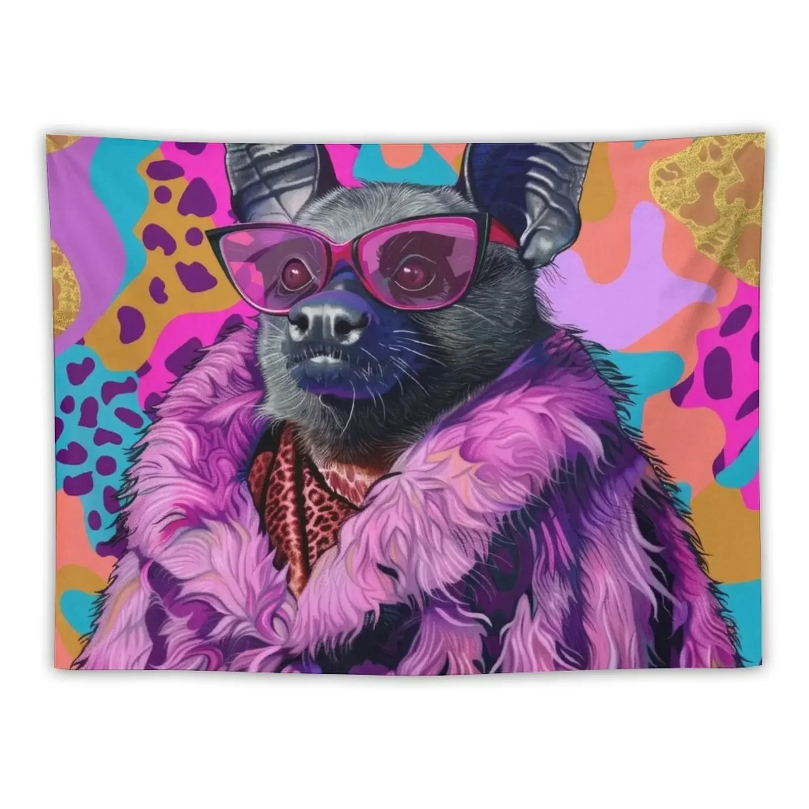 Funky Bat Portrait in Purple Fur Anthropomorphic Animal Fashion Art Tapestry Wall Coverings Room Decoration Accessories Tapestry