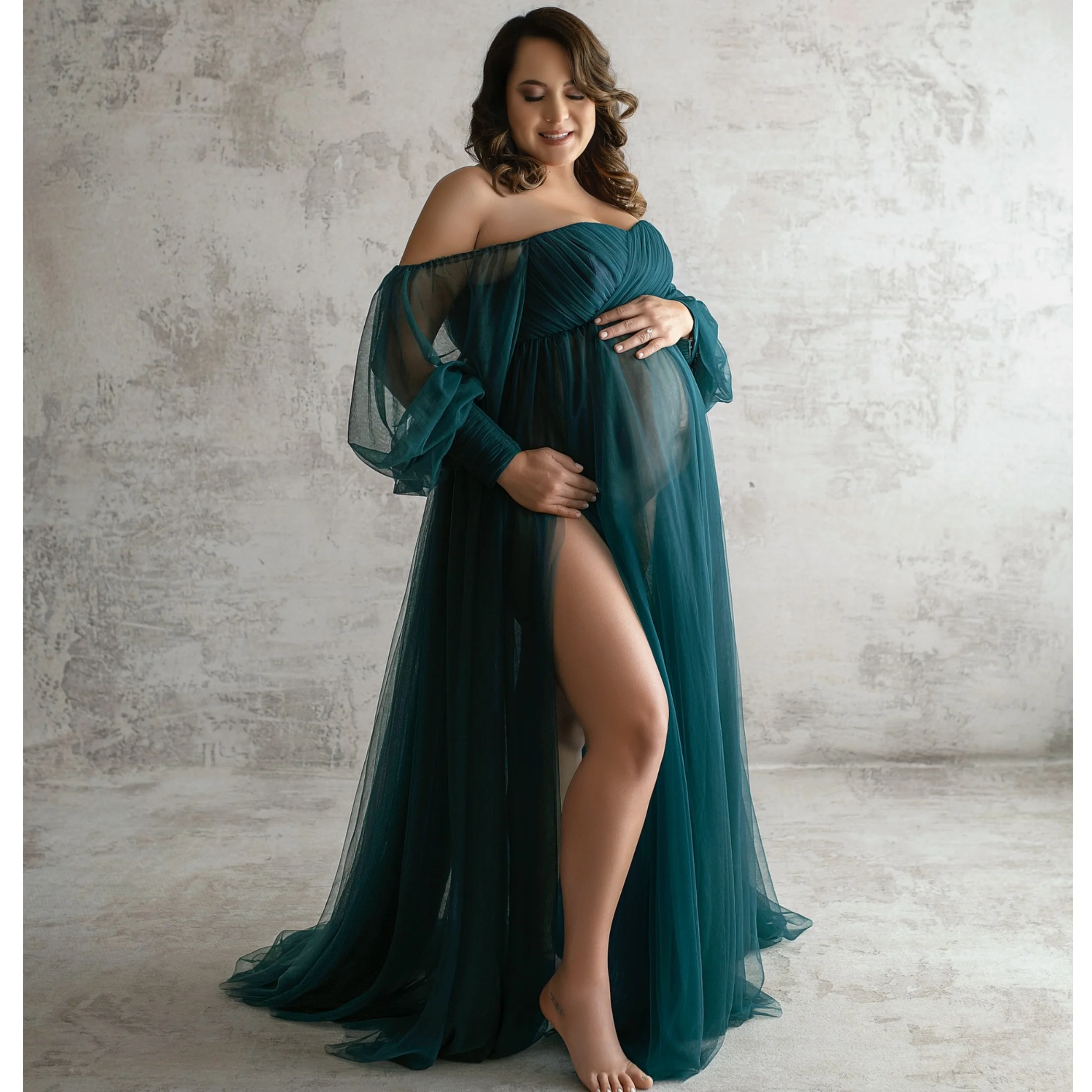 

Simple Customized Maternity Gowns Dark Green Slit Tulle Babyshower Dress for Photography Off Shoulder Pregnant Prom Party Robes