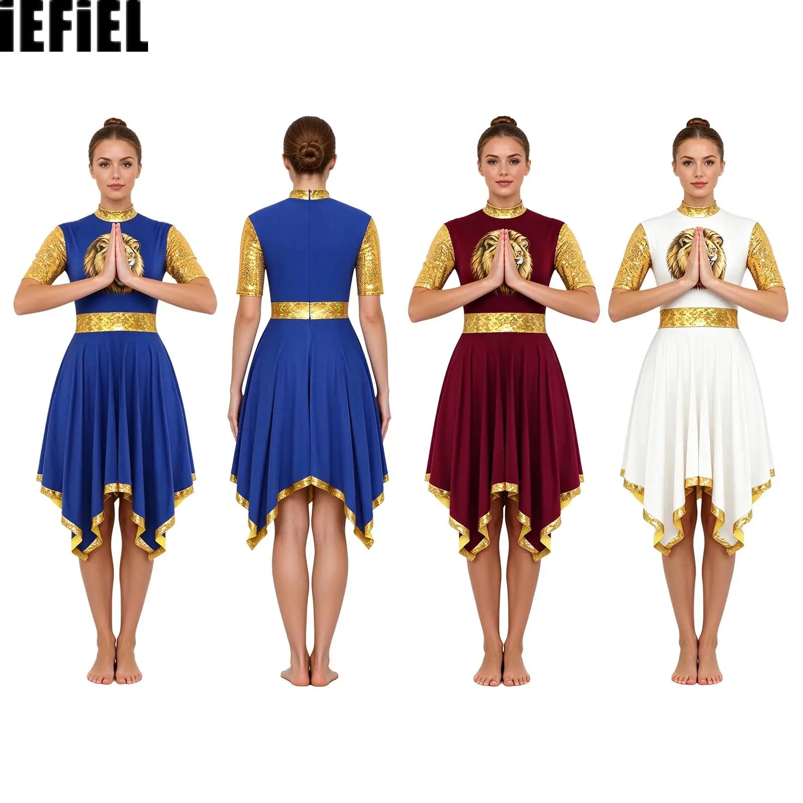 Women Liturgical Praise Print Dance Dress Sequin Short Sleeves Zipper Lion Glittery Metallic Trim Irregular Hem Dress