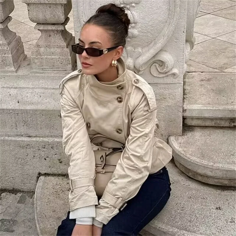 Damen-Trenchcoat, neu für den Herbst 2022, einfarbig, langärmelig, zweireihig, mit Taillenband, kurzer Trenchcoat, Jacke, britisch