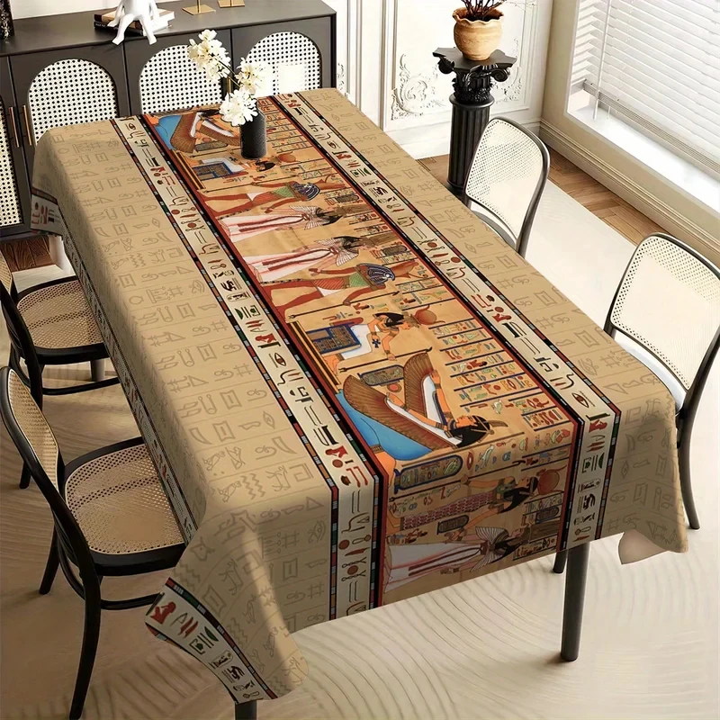VIKAMA Ancient Egyptian Tablecloth Hieroglyph Mural Print Waterproof Rectangular Vintage Dining Table Cover