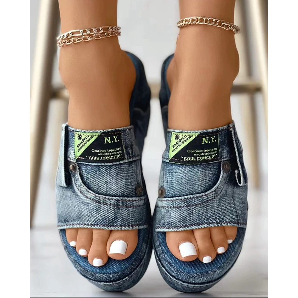 Platform Shoes Women Casual Letter Label Decor Denim Platform Slippers Summer Fashion Wide Strap Outdoor Slippers Femme Shoes