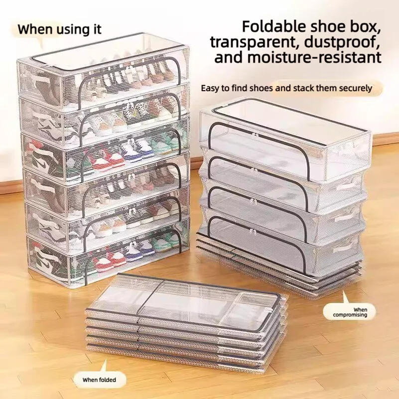 Shoe storage solution: space-saving shoe cabinet, dust-proof storage box, foldable design for boots, and under-bed shoe rack