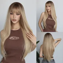 Ombre Light Blonde Long Straight Synthetic Wigs with Bangs Cosplay Lolita Hair Wigs for Women Heat Resistant Fibre Daily Use