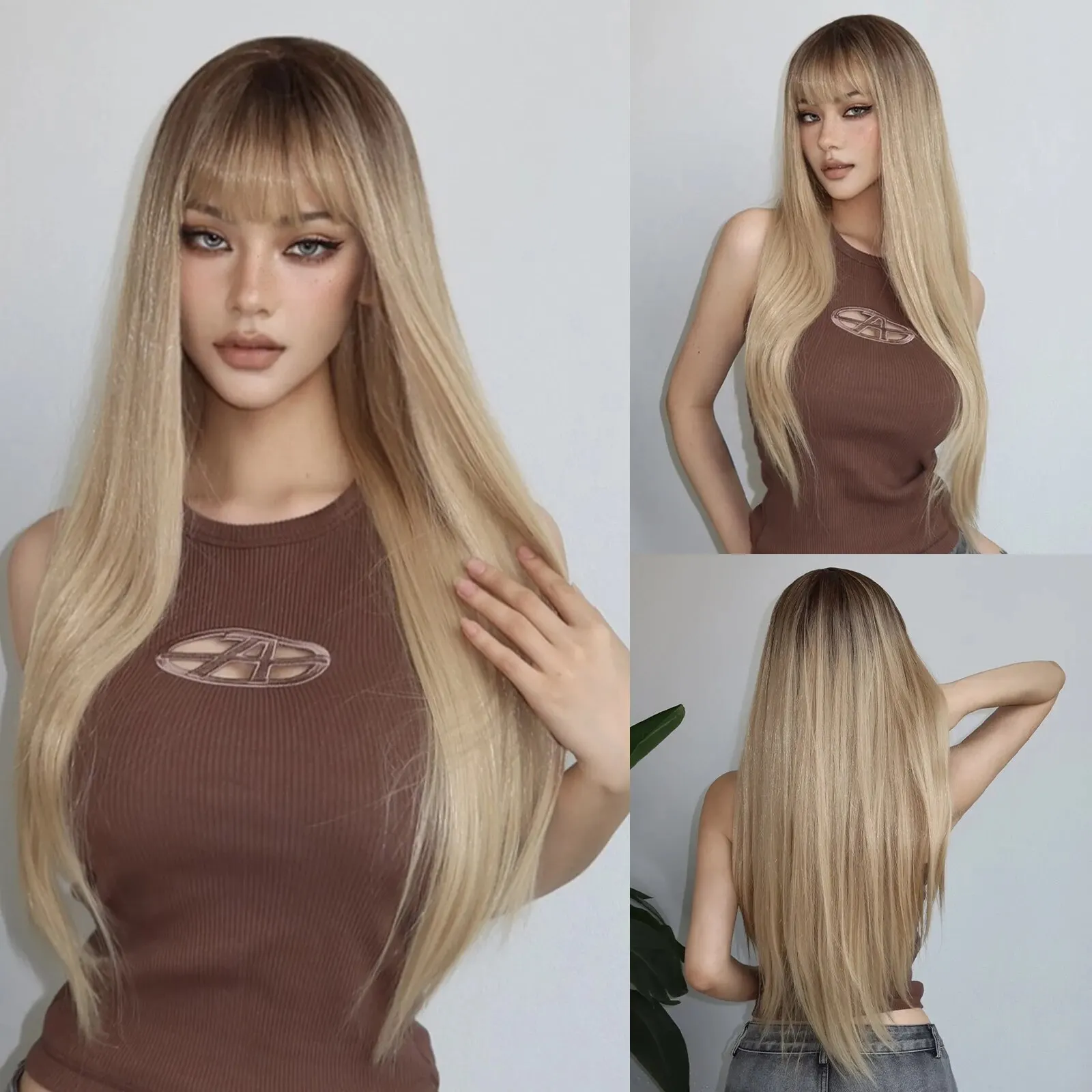 Ombre Light Blonde Long Straight Synthetic Wigs with Bangs Cosplay Lolita Hair Wigs for Women Heat Resistant Fibre Daily Use