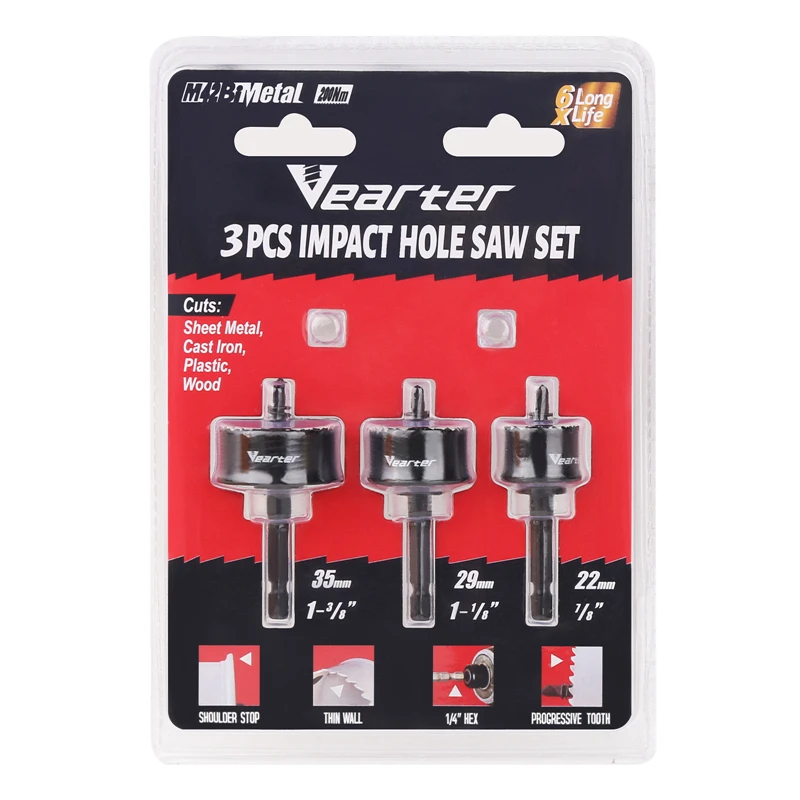 Vearter Pacote 22 29 35 mm M42 Bi-metal Buraco Viu Kit 6.35 mm Hex Haste Impacto Broca Conjunto para Chapa Metálica Madeira Plástico Aço Pvc