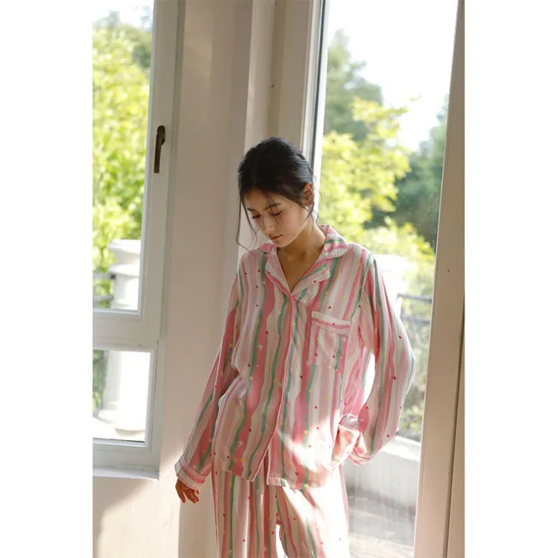 2024 Autumn Satin Colorful Macaron Stripe Printing Long-sleeved Pajama Set Loose Leisure Viscose Loungewear 2 Piece Sets Womens