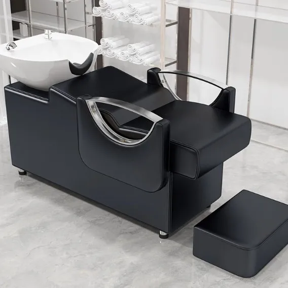

Modern Style Beauty Hair Salon Chair with Half Recline Thai Flush Shampoo Bowl Ceramic Washbasin and Punch Bed