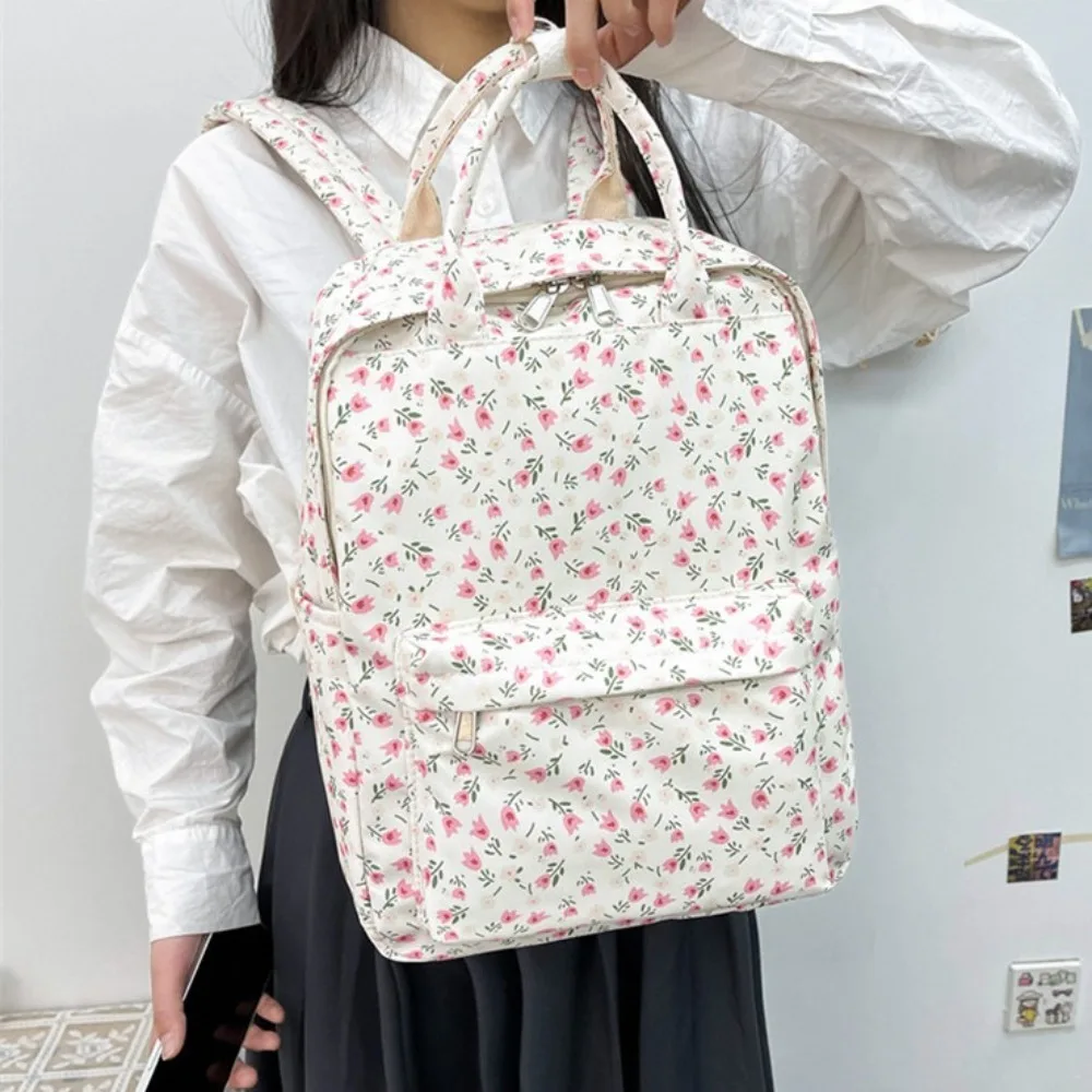 

Fashion Large Capacity Women's Backpack with Handle Flower Print Student Backpack Japanese Style Nylon School Bag Adults