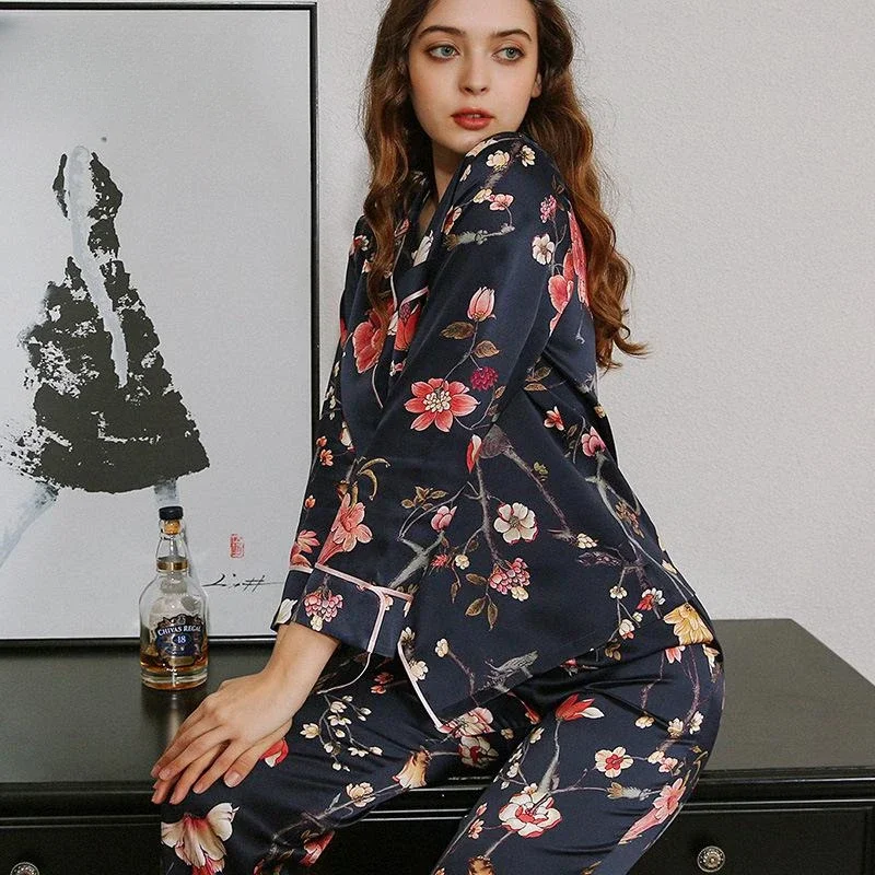 Ensemble pyjama en satin mûrier imprimé floral, vêtements de nuit, vêtements de nuit trempés, bouton vers le bas, manches longues, pantalon en Y, inj2 pièces, 100%