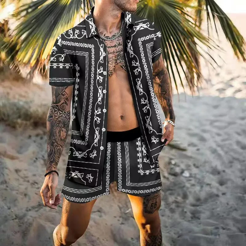 Vintage erkek gömlek setleri yaz altın at baskı plaj kısa kollu gömlek şort rahat gezi Mens Hawaiian 2 parça Suit S-5XL