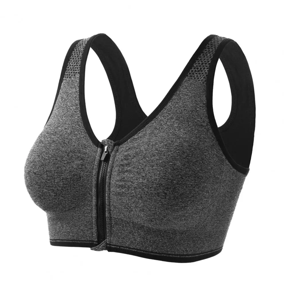 No-mark Sports Bra Shockproof Front Zipper Sports Bra with Wide Shoulder Straps for Women Wireless Padded Running Fitness