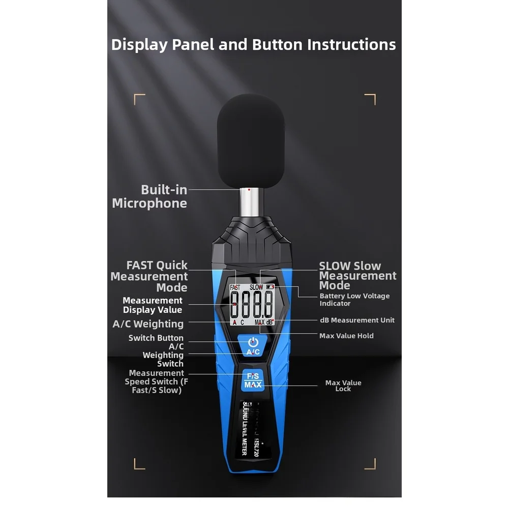 

SL720 Digital Sound Level Meter 30-130dB Noise Detector Fast Response A/C Weighting Decibel Tester For Industrial=Home