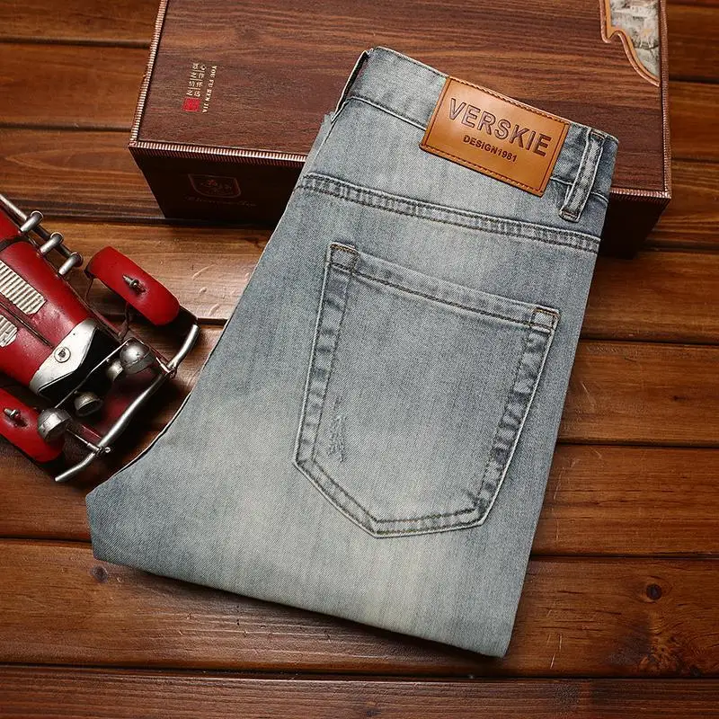 Ripped jeans men's trendy high-end embroidered print summer thin fit elastic small foot long pants