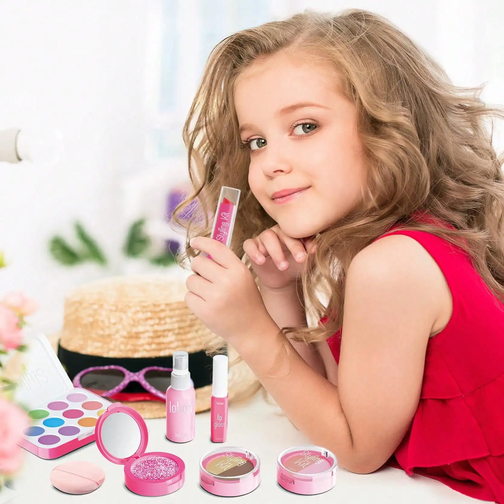 Kids Pretend Makeup Play Set for Ages 3-6 Girls, Children's Cosmetic Simulation Toy Kit, Fashion Styling Beauty Set for Girls