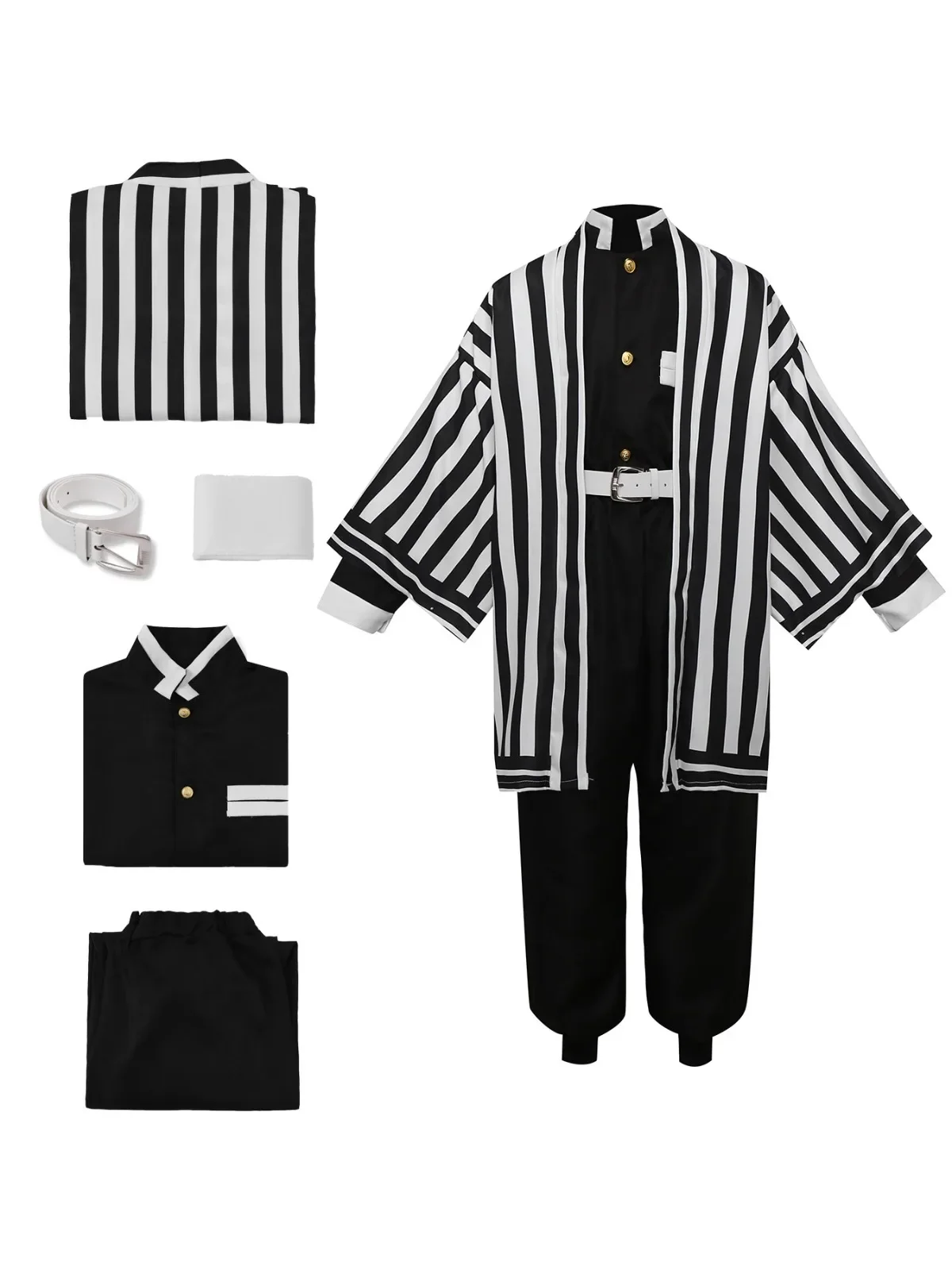 

Хэллоуин Мужчины Женщины Аниме Lguro Obanai Косплей Парик Хаори Вышивка Топ Эластичные Брюки Пояс Роза Костюм Хэллоуина