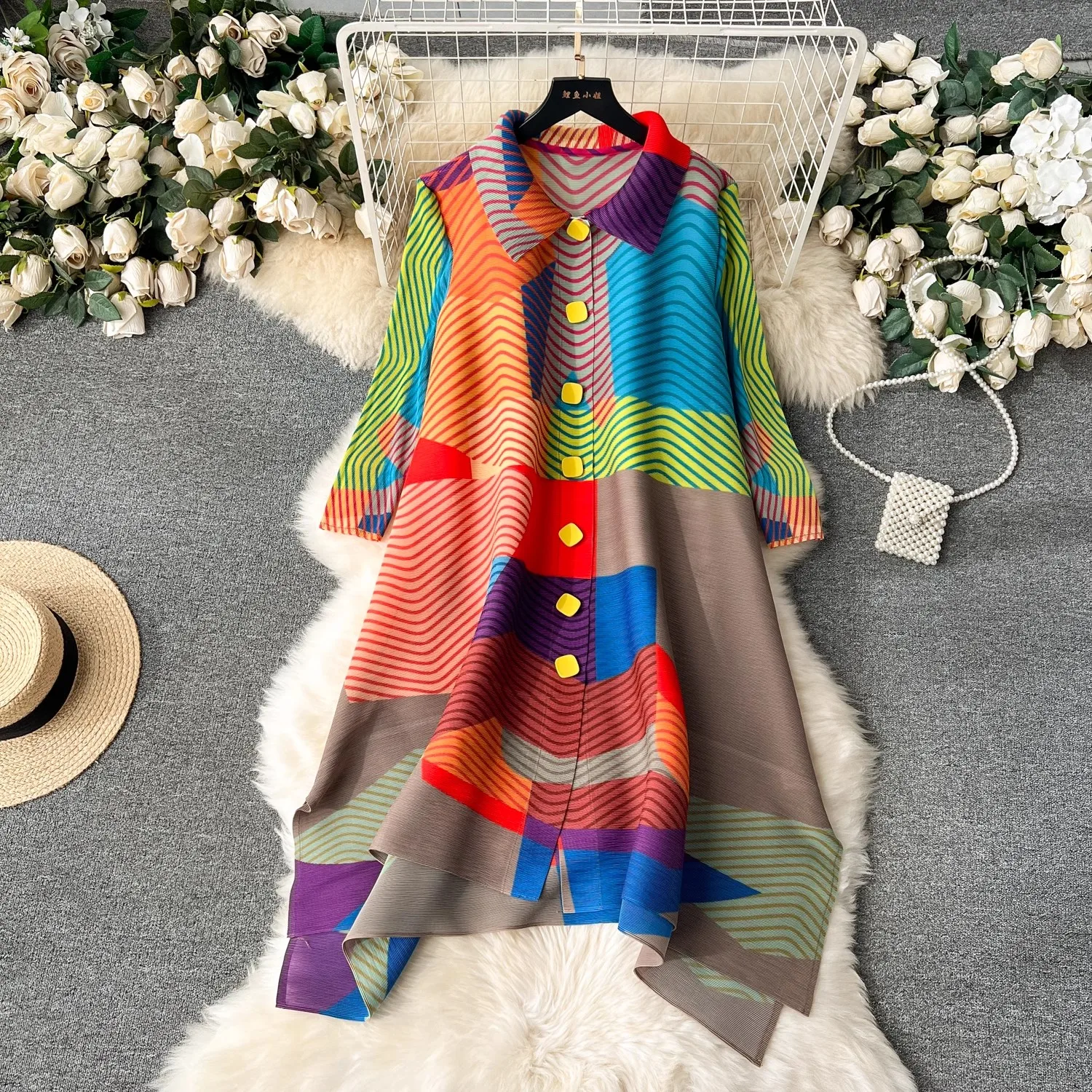 

2024 New Luxury Women Midi Pleated Dress Hit COlor Stripe Print Lapel Collar Full Sleeve Loose Elastic Casual Style Summer Robe