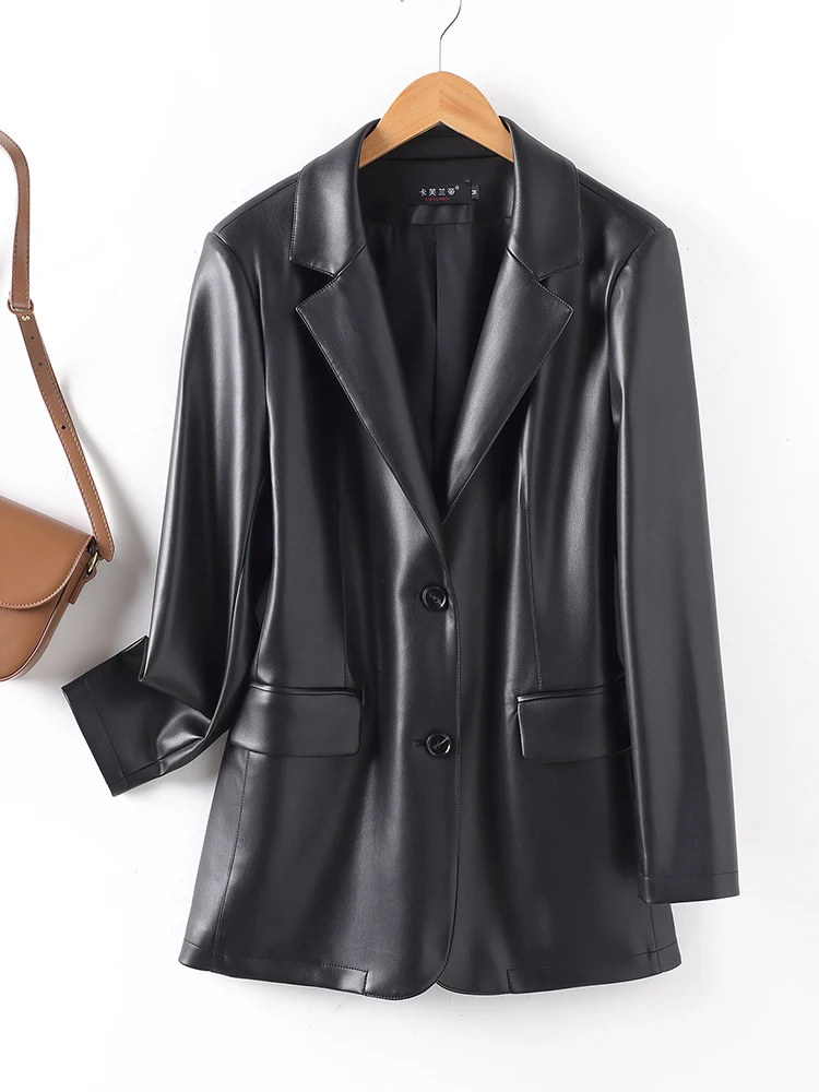 Giacca in Pelle da Donna Primavera 2025, Modello Sli Harmonia in Pelle di Agnello, Cappotto Lungo con Chiusura a Bottone Singolo, Stile Casual