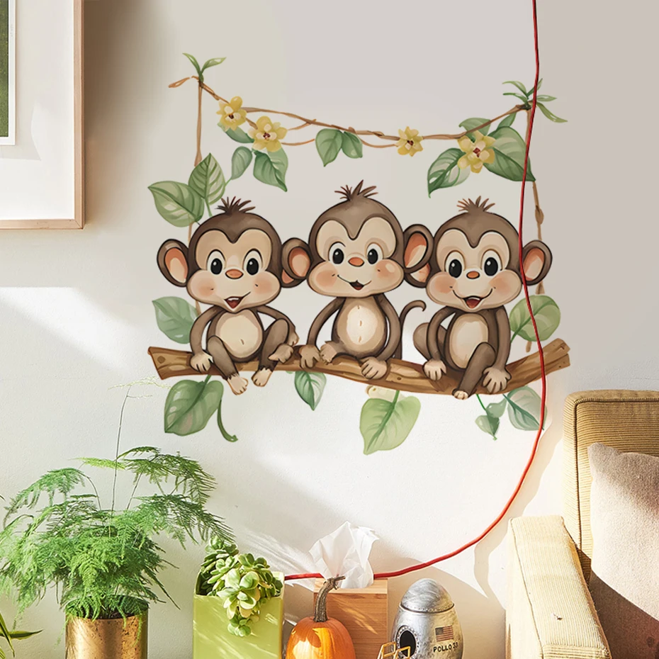 Cartoon Monkey on Rattan Vine Woodland Animals  Wall Stickers for Nursery Kids Rooms Boys Baby Room Decoration Home Decor