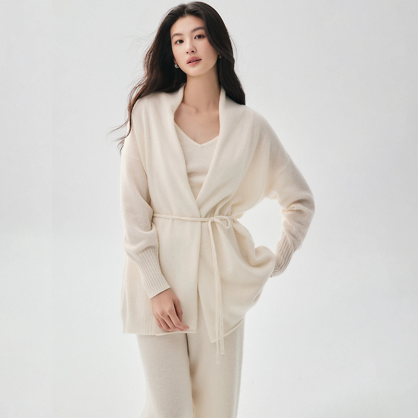 CHICUU Women 100% Cashmere Cardigan Vest Pants Suit High Quality Cardigan Sweater Wide Leg Pants V-neck Vest Knitwear Autumn view 4