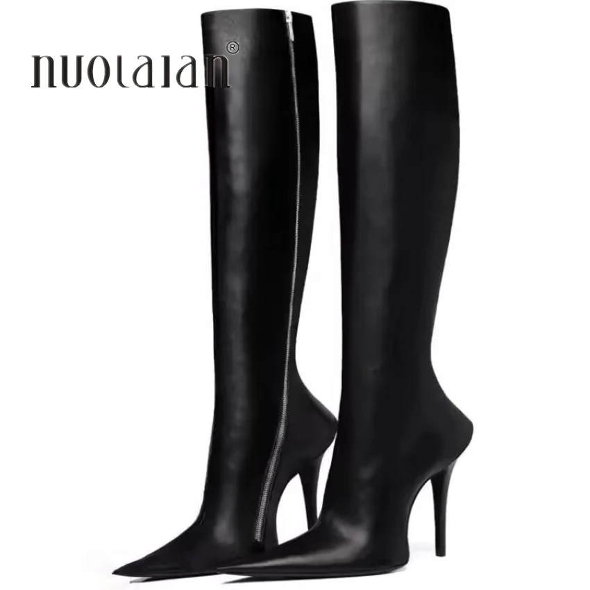 Brand Fashion Women Knee High Boots Zip Pointed Toe Footwear 10CM High Heels Female Long Boots Party Shoes Women 2023 New Winter