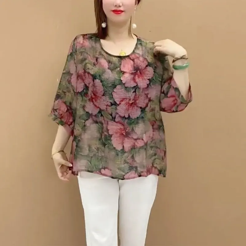 Women\'s Clothing Vintage Loose Shirt Folk Floral Printed Summer Thin Half Sleeve Casual O-Neck Commute Stylish Spliced Blouse