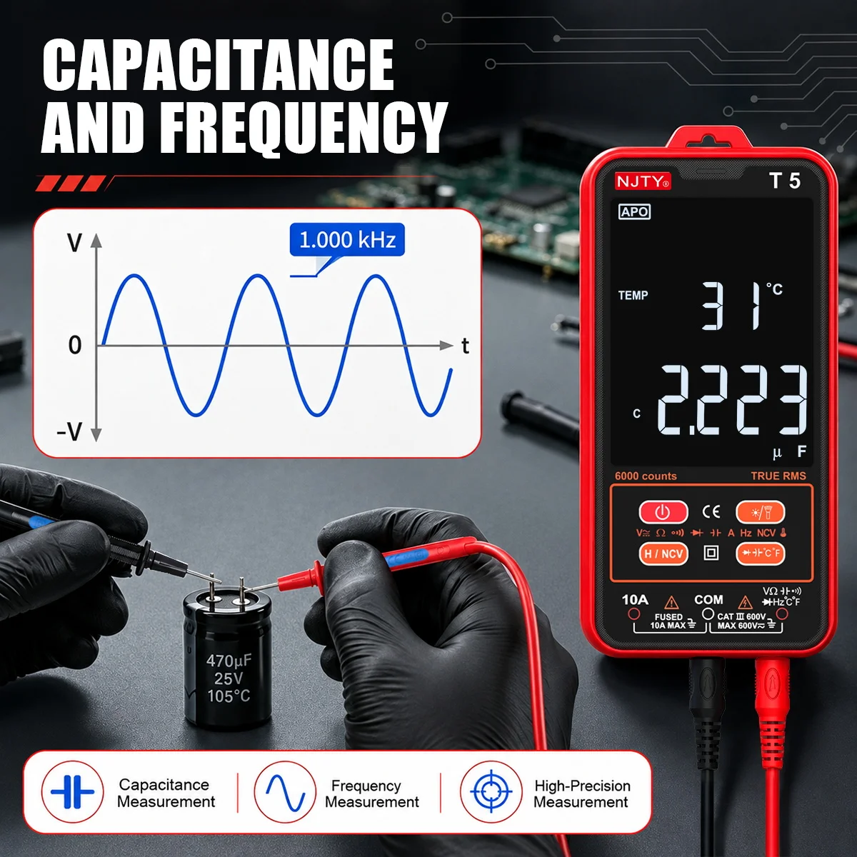 T5 Smart Digital-Multimeter mit Farbdisplay, 6000 Zählungen, True RMS, automatische Bereichswahl, AC/DC-Spannung, Strom, Widerstand, NCV, Temperaturmessgerät – Detail 4