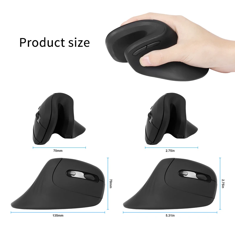 

Newly Upgraded Rechargeable U-shaped Vertical Mouse DPI Button Side Keys Mute Button Comfortable Grip Office Use Mause Ergonomic