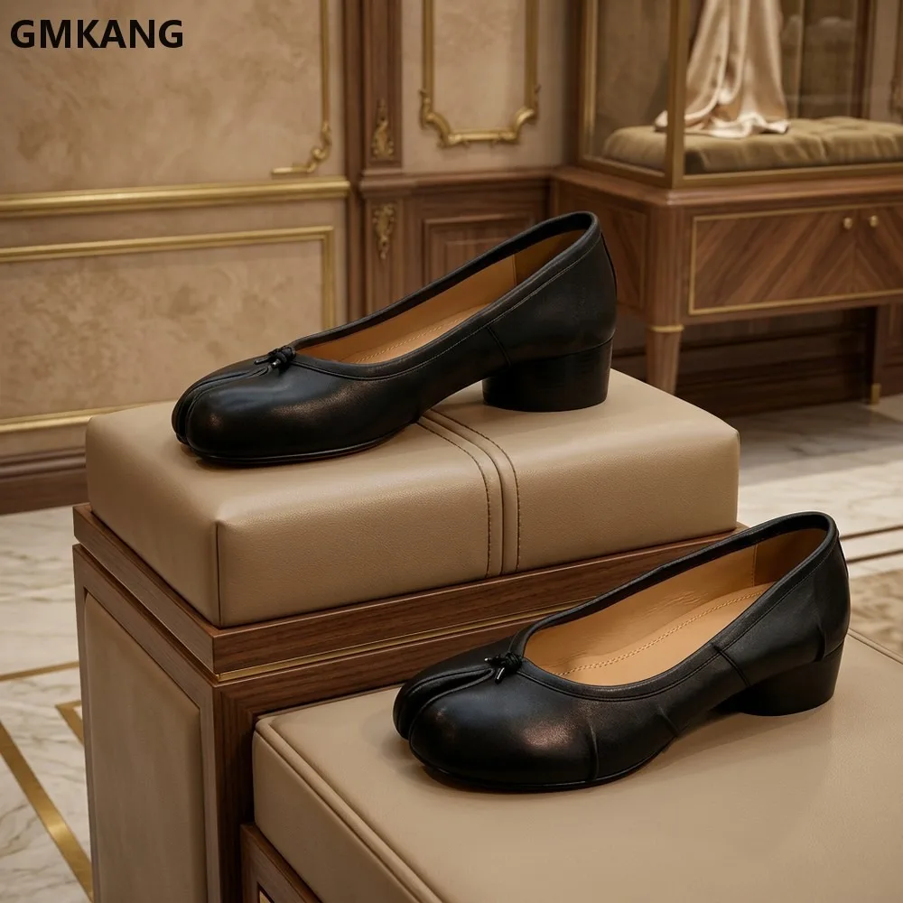 Tabi Ballerina Pumps Leather Split-Toe Heel Shoes Women's Slip-On Classic Ballet Flats Comfortable Walking Shoes