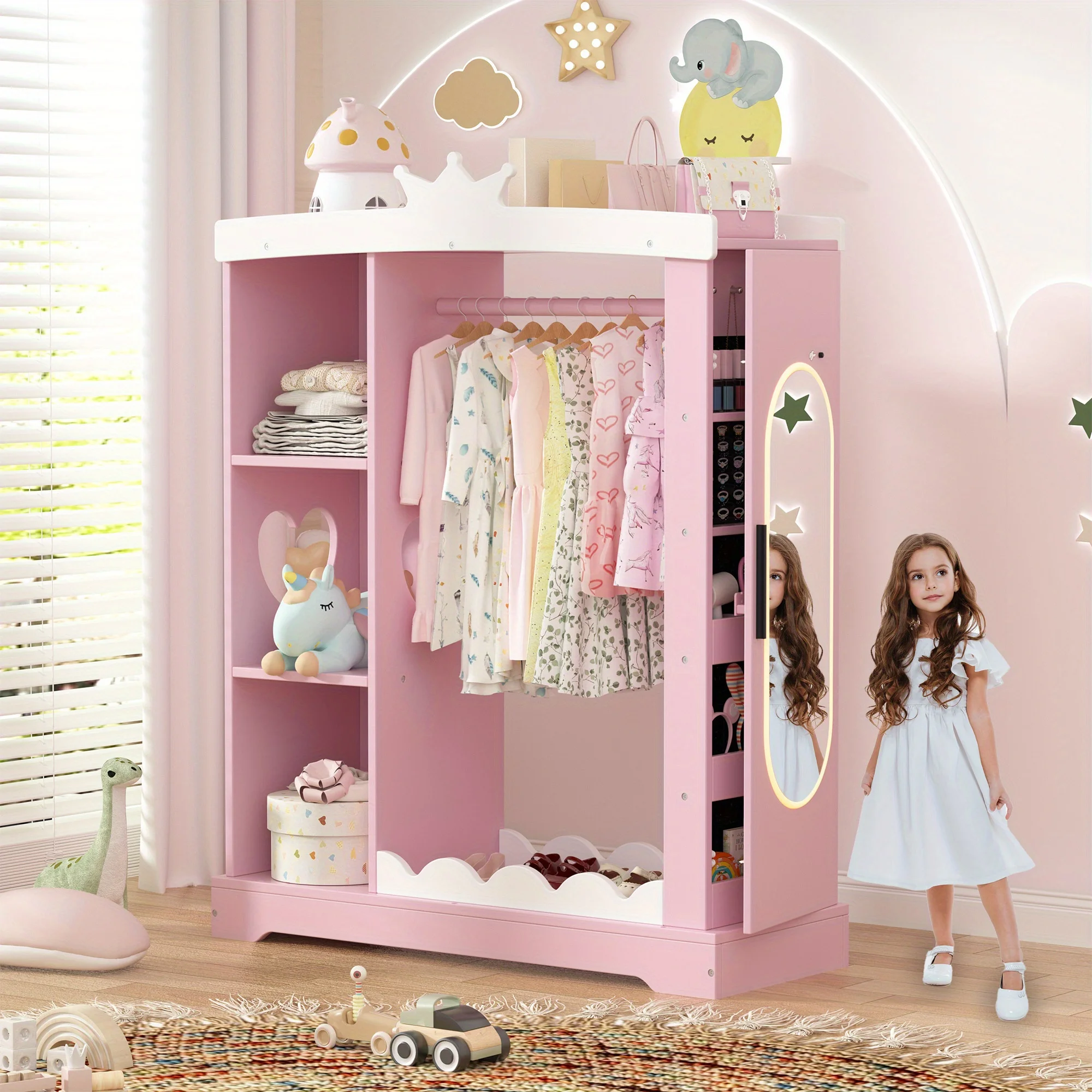 

Girls' Tall Wood Armoire with Mirror & Jewelry Cabinet - Princess Dress Closet Suitable for Bedroom, Kids Room - Sturdy Dress Up
