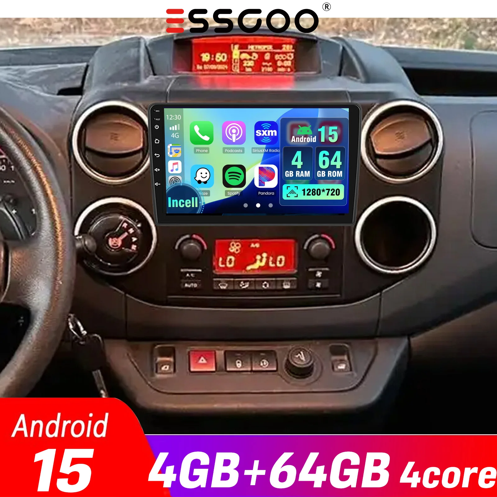Android 15 Autoradio 4GB+64GB mit CarPlay für Citroën Berlingo & Peugeot Partner 2008-2019, GPS Navigation, Auto Multimedia Player ESSGOO