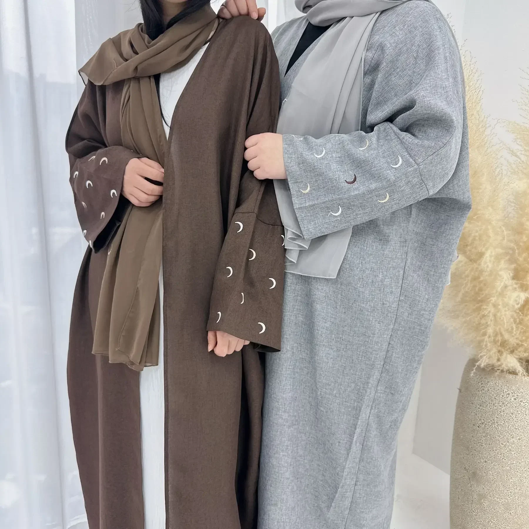 Mond Stickerei Leinen Offene Abaya Kimono Muslimischen Abayas für Frauen Dubai Luxus Türkei Hijab Kleid Islam Kleidung Ramadan Eid Kaftan