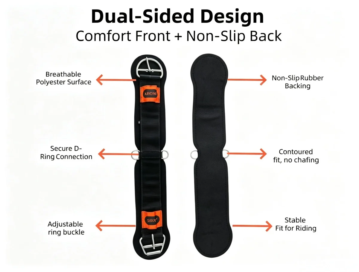 Anti-Slip Rubber Horse Girth 28/30/32 Inch Contoured Saddle Cinch with Stainless Steel Buckles D-Ring Equestrian Dressage Trail