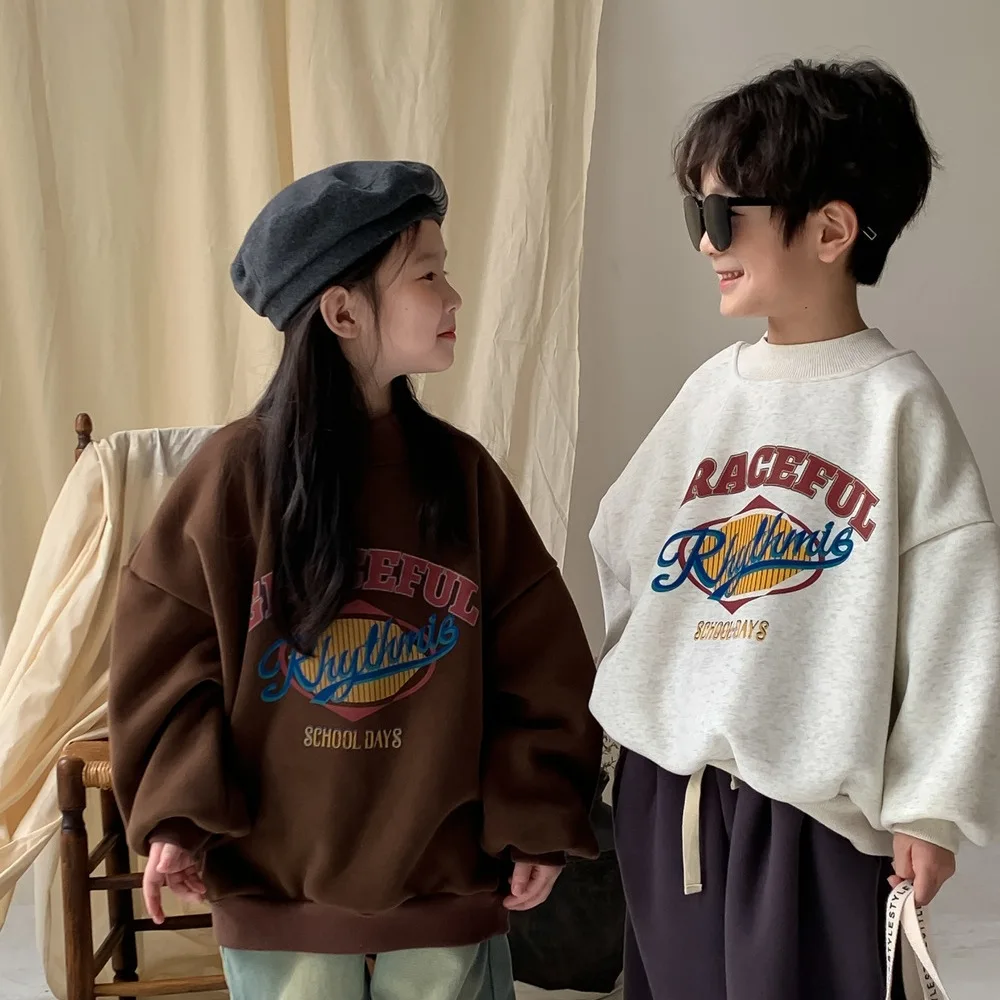 

2025 Winter New Fashion Letter Print Boys Girls Fleece Sweatshirt Children Long Sleeve Warm Tops Baby Casual Pullover