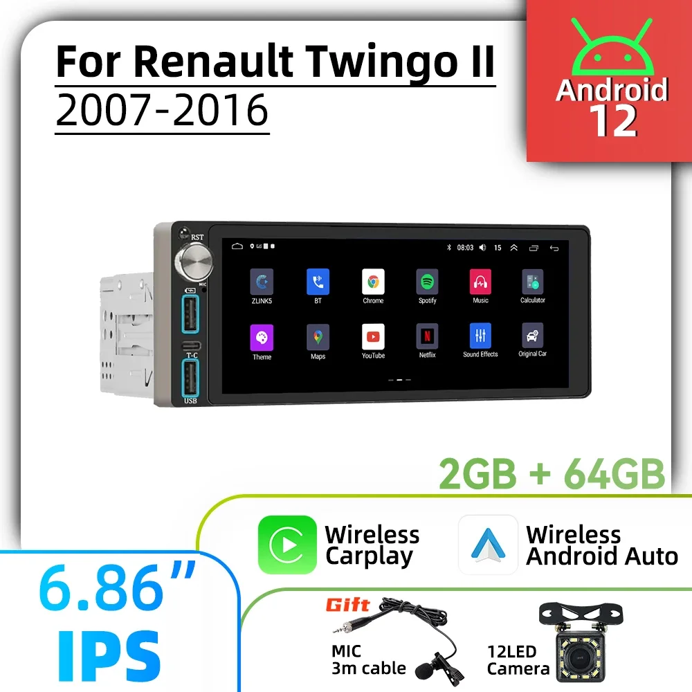 

Carplay 6,86 "экран мультимедиа 1Din Android автомобильный радиоприемник для Renault Twingo II 2007-2016 головное устройство авторадио стерео GPS навигация