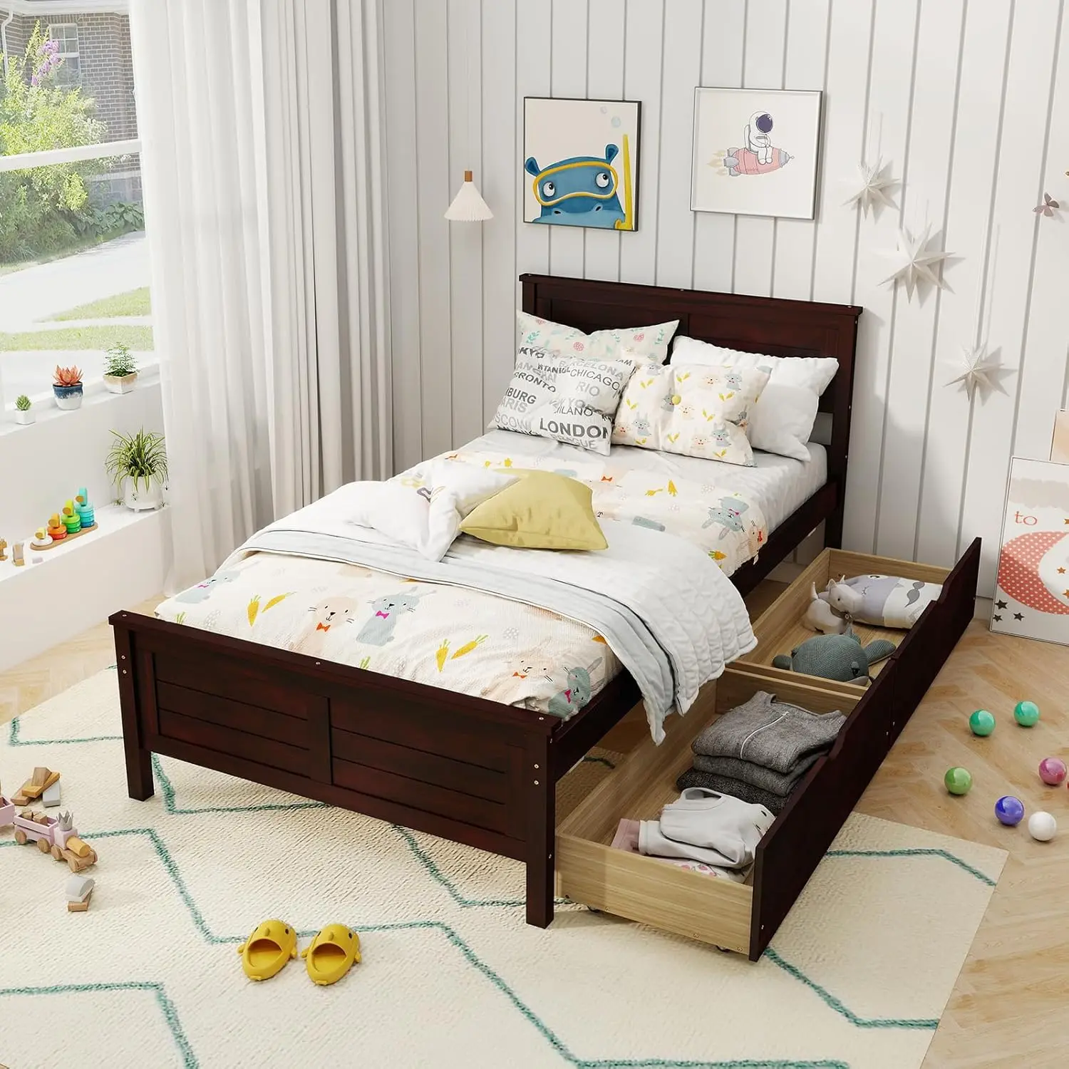 

Twin Size Wood Bed Frame with 2 Drawers, Mid Century Platform Bed, No Box Spring Needed, Easy Assembly