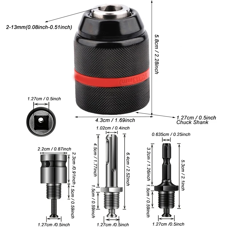 4pcs/set,2mm~13mm Threaded Metal Keyless Drill Chuck,1/2-20UNF Quick Change,Conversion Shank(Hex/SDS-Plus/Socket Square Adapter)