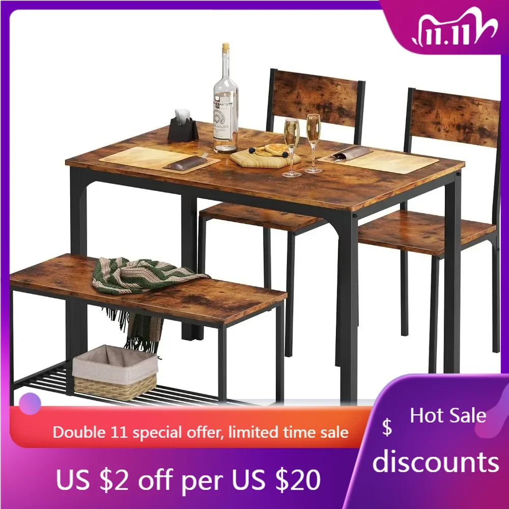 

4 Person Dining Table Set, 43.3inch Kitchen Table Set , Dining Room 2 Chairs with Backrest, 2-Person Bench with Storage Rack