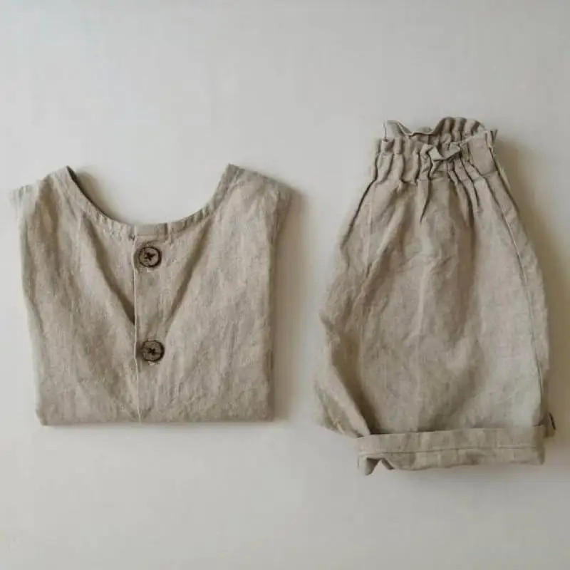 

Children Casual Set Boy Summer Simple Solid Sleeveless T-shirt + Loose All-match Cotton Linen Shorts 2pc Suit Girl New Clothes