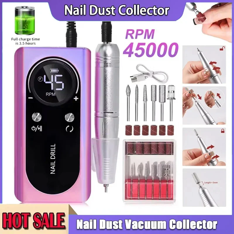 45000 tr/min Machine perceuse à ongles Kit Rechargeable électrique Portable ponceuse à ongles lime pour Gel ongles polissage pour Salon de manucure maison