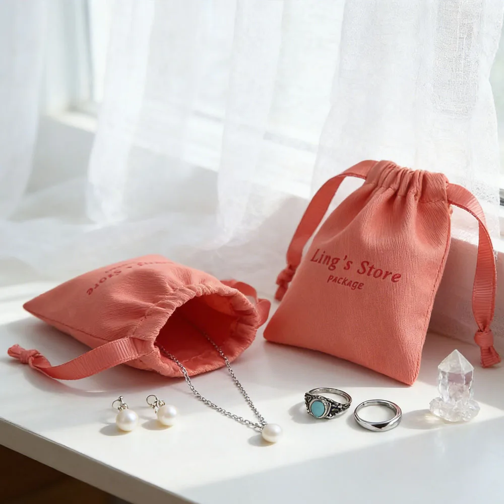 50 Personalized Cotton Velvet Jewelry Pouches 10A Thick Canvas Pouch Bags with Ribbon Drawstring Bags Printed Jewelry Packaging