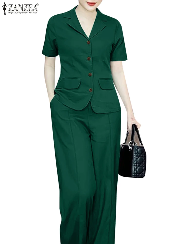 ZANZEA Elegant Women Commute Pant Sets Casual Lapel Short Sleeve Shirts Wide Leg Trouser 2pcs Outfits Fashion Tracksuits