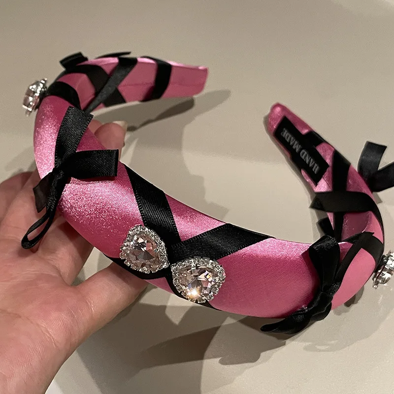 Ballet Sweetheart Contrast Color Ribbon Barrettes Bow Denim Headband Girl Rhinestone Hairhoop out Hair Fixer Head Buckle