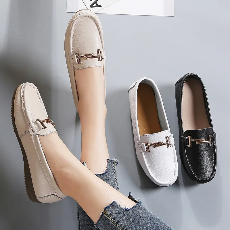 Genuine Leather Round Toe Soft Bag Bean Shoes Casual Women's Shoes Korean Version Metal Sleeve Feet Mother Nurse Commuting Shoes