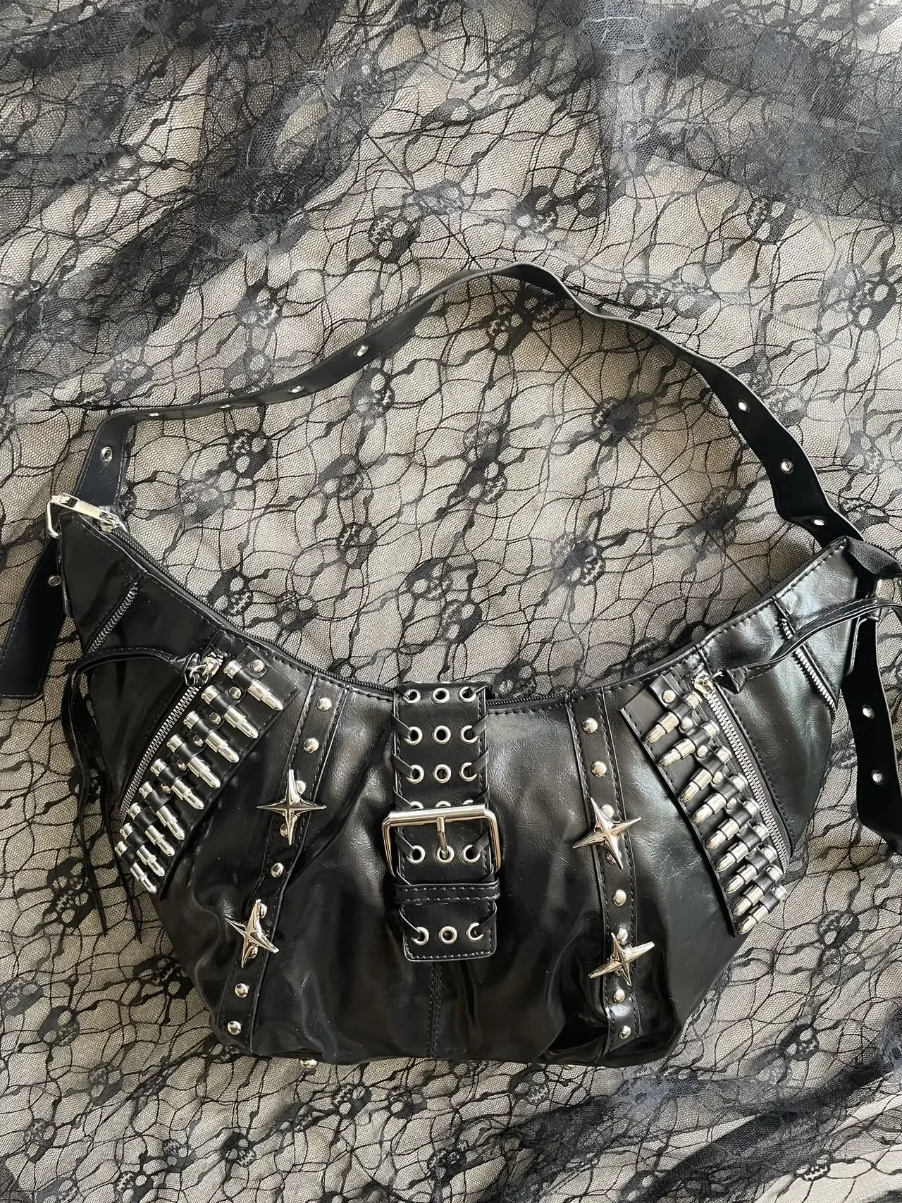 Y2K Grunge Crossbody Purse Gothic Alt Handbag Punk Star Bullet Studded Hobo Bag Black PU Leather Shoulder Bag