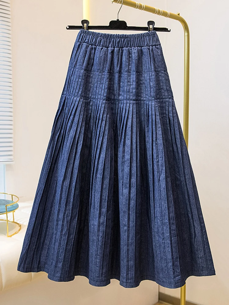 

Japanese Sle Loose Elastic Waist Pleated A-Line Skirt Women's plus Size Spring Denim f-length Skirt Hip Concealing Casua...