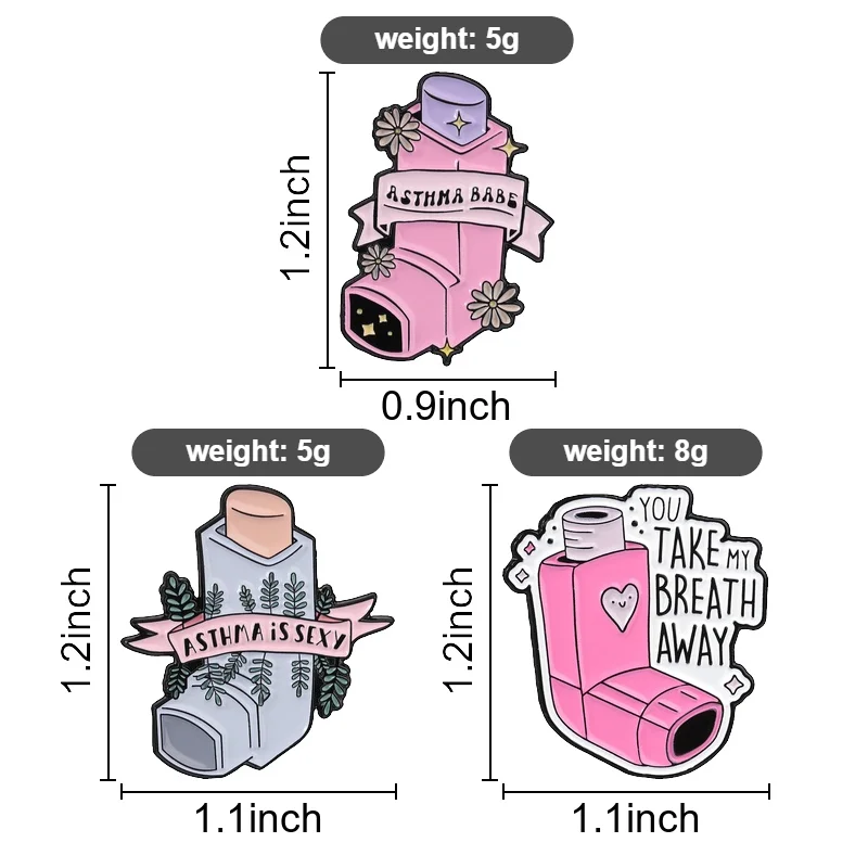 Asthma Babe Enamel Pins Cartoon Pink Floral Inhaler Brooches Funny Sassy Lapel Badges You Take My Breath Away Jewelry Gift
