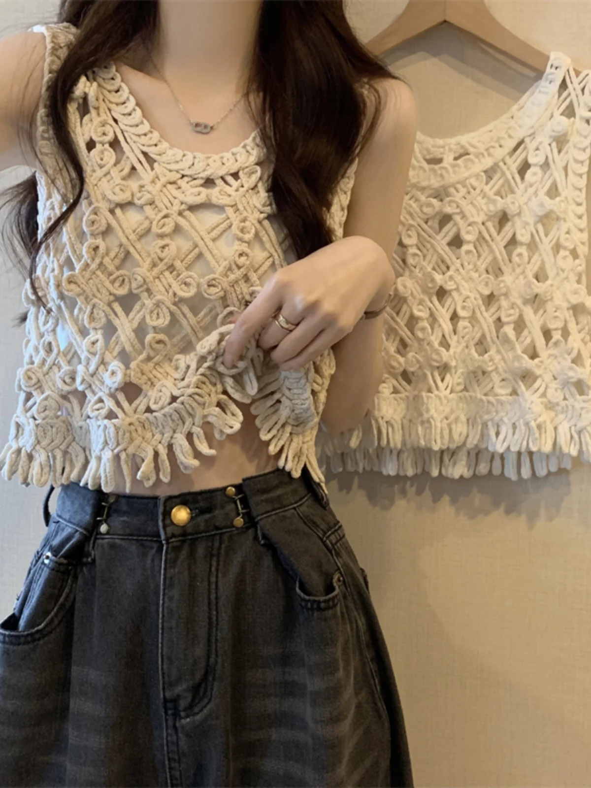 Gestricktes Damen-Weste-Oberteil mit Haken-Design, ausgehöhlt, Sommer-Oberbekleidung, Vintage-Stil, lockerer Svel-Riemen und Vertuschung