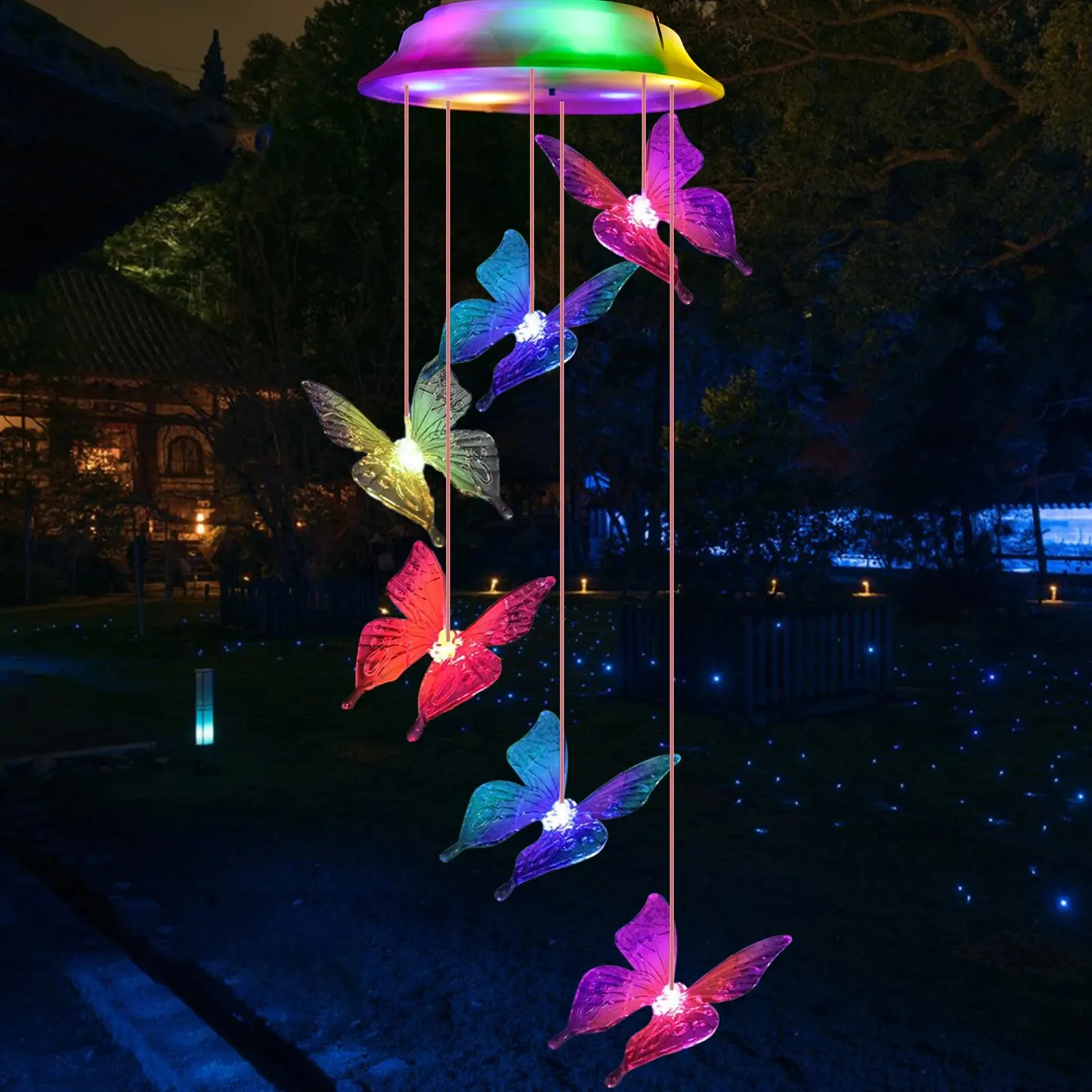 Outdoor Waterproof and Color Changing Solar Butterfly Wind Chimes, Christmas Garden Decorative Gifts