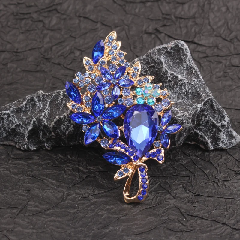 Opulent Sapphire Blue Floral Brooch, Crystal & Gold Luxe Elegant Fashion Accessory